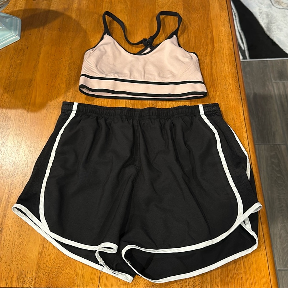Avia & Atletic works workout set. Size small. Black and white shorts, tan top
